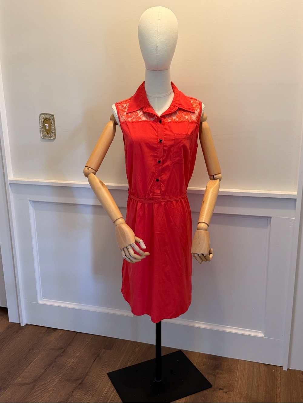 Sleeveless Coral Shirt Dress with Lace Yoke Black Buttons